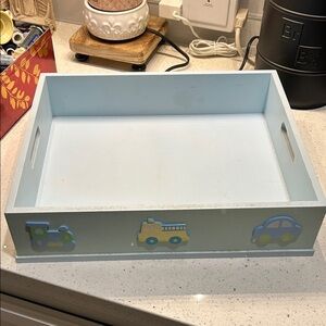 Light Blue Wooden Tray with Vehicle Accents